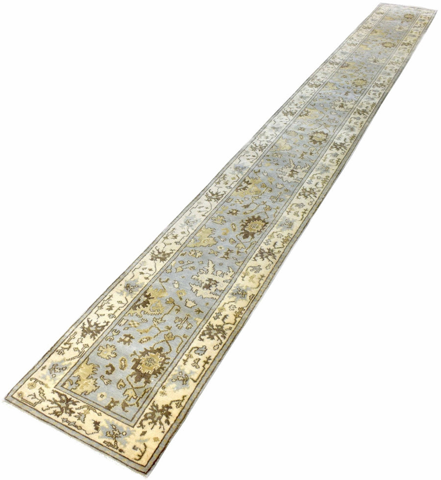 Hand Knotted Blue and Beige Antique Oushak Wool Runner Rug - The Rug Decor