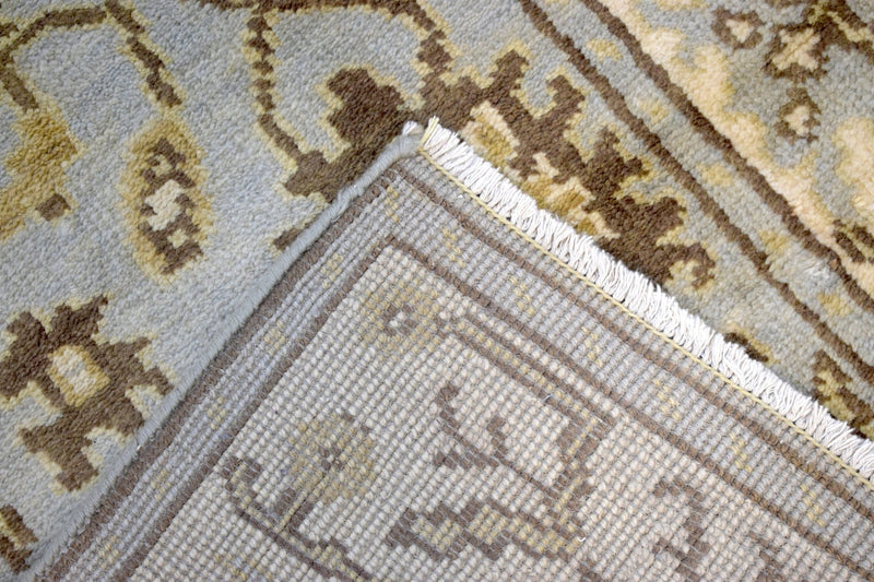Hand Knotted Blue and Beige Antique Oushak Wool Runner Rug - The Rug Decor