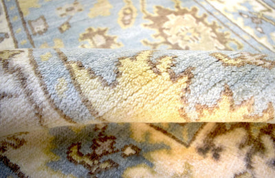 Hand Knotted Blue and Beige Antique Oushak Wool Runner Rug - The Rug Decor