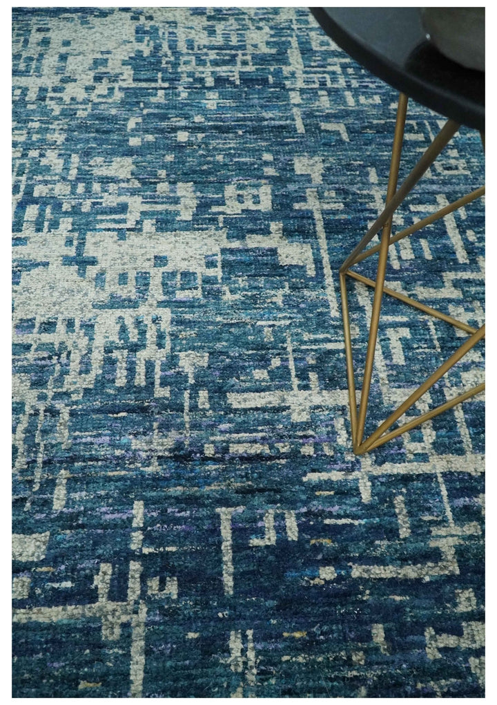 Hand Knotted Blue and Beige Modern Abstract Contemporary Recycled Art Silk Area Rug - The Rug Decor