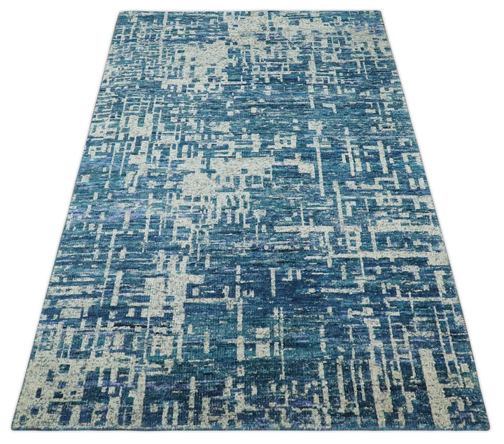 Hand Knotted Blue and Beige Modern Abstract Contemporary Recycled Art Silk Area Rug - The Rug Decor