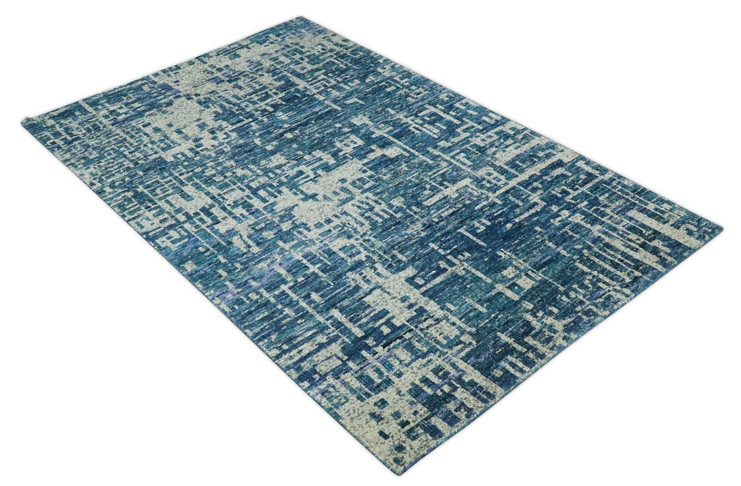 Hand Knotted Blue and Beige Modern Abstract Contemporary Recycled Art Silk Area Rug - The Rug Decor