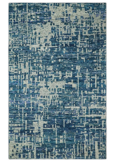 Hand Knotted Blue and Beige Modern Abstract Contemporary Recycled Art Silk Area Rug - The Rug Decor