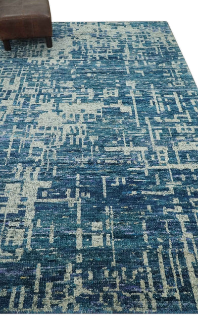 Hand Knotted Blue and Beige Modern Abstract Contemporary Recycled Art Silk Area Rug - The Rug Decor