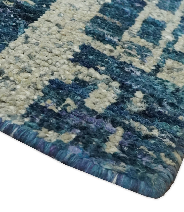 Hand Knotted Blue and Beige Modern Abstract Contemporary Recycled Art Silk Area Rug - The Rug Decor