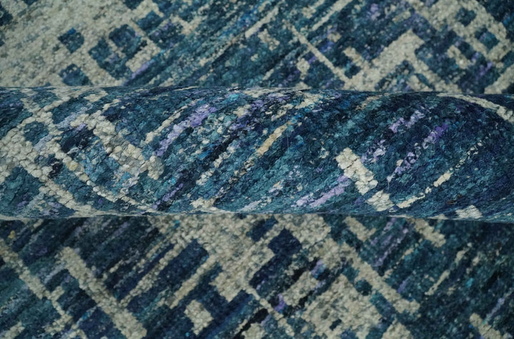 Hand Knotted Blue and Beige Modern Abstract Contemporary Recycled Art Silk Area Rug - The Rug Decor