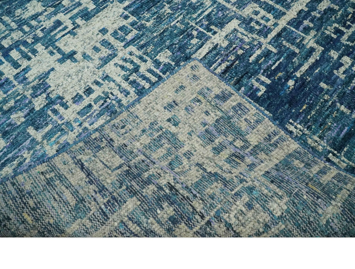 Hand Knotted Blue and Beige Modern Abstract Contemporary Recycled Art Silk Area Rug - The Rug Decor
