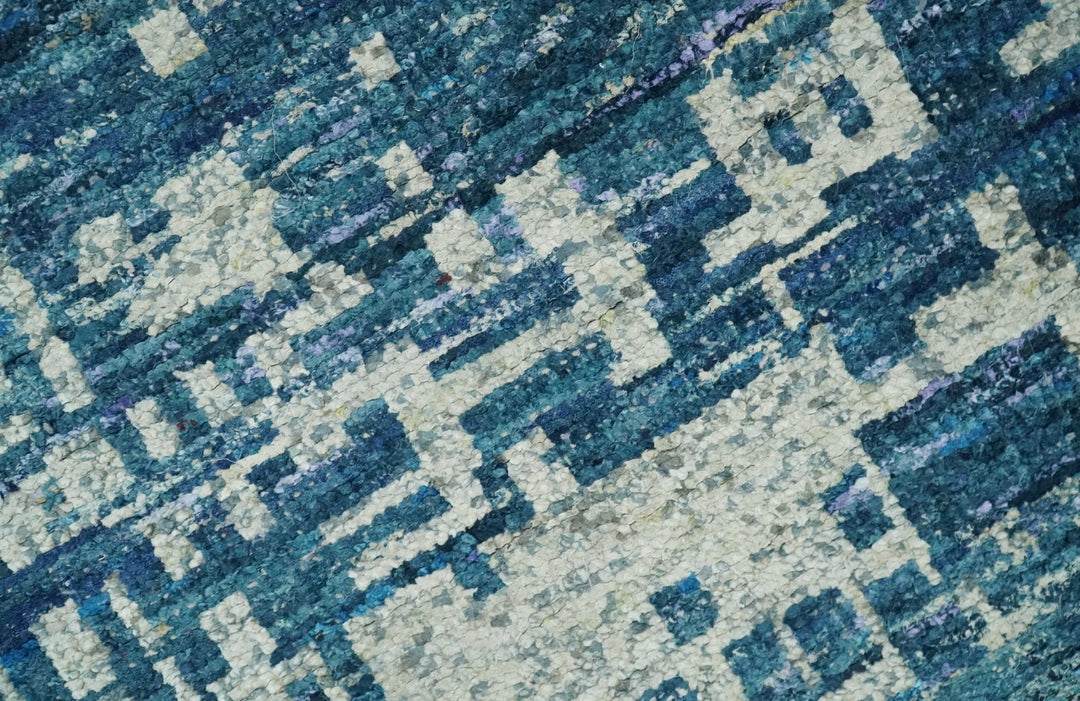 Hand Knotted Blue and Beige Modern Abstract Contemporary Recycled Art Silk Area Rug - The Rug Decor