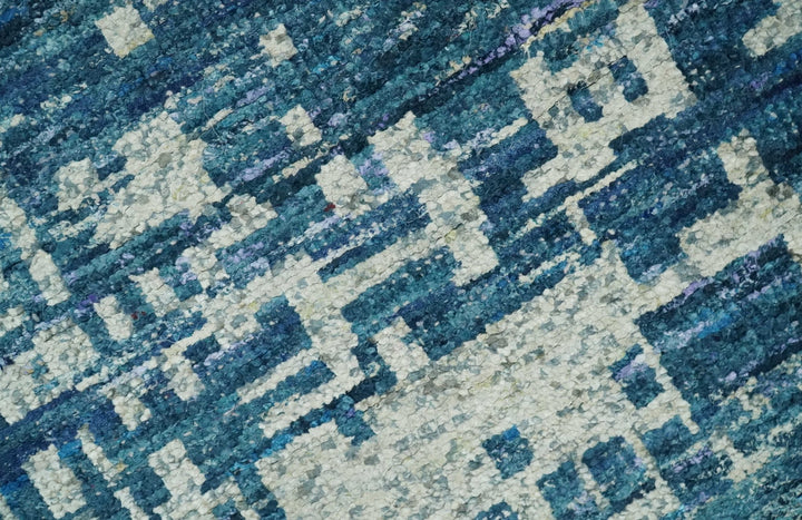 Hand Knotted Blue and Beige Modern Abstract Contemporary Recycled Art Silk Area Rug - The Rug Decor