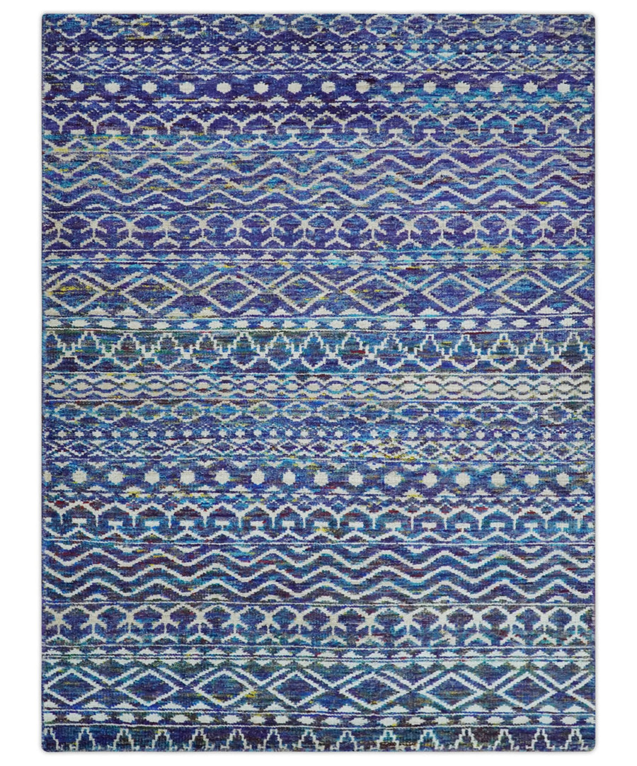 Hand Knotted Blue and Ivory 5.6x8.5 Modern Contemporary Southwestern Tribal Trellis Recycled Art Silk Area Rug - The Rug Decor