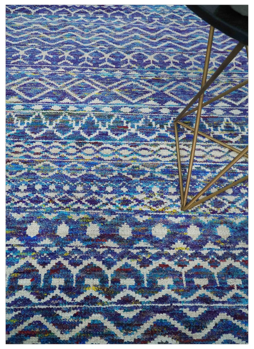 Hand Knotted Blue and Ivory 5.6x8.5 Modern Contemporary Southwestern Tribal Trellis Recycled Art Silk Area Rug - The Rug Decor