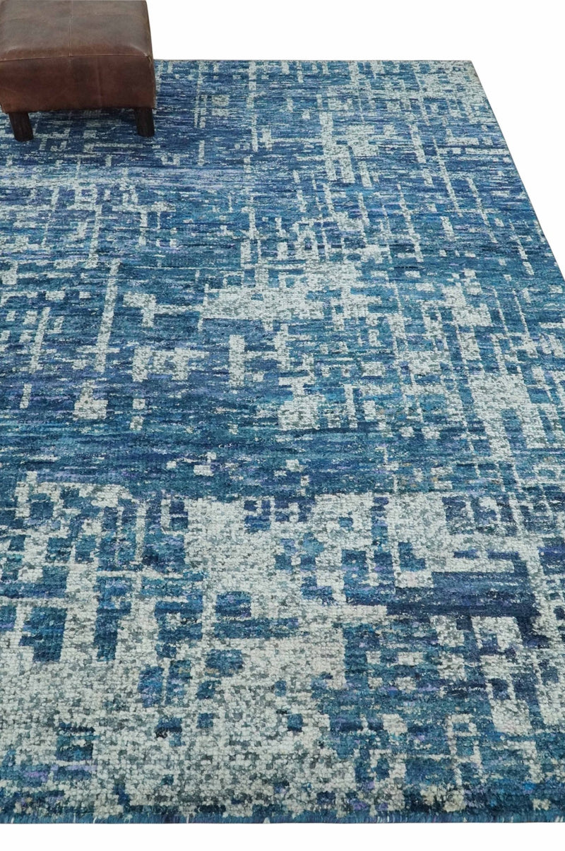 Hand Knotted Blue and Ivory Modern Abstract Contemporary Recycled Silk Area Rug - The Rug Decor