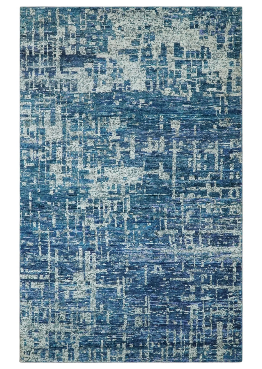 Hand Knotted Blue and Ivory Modern Abstract Contemporary Recycled Silk Area Rug - The Rug Decor