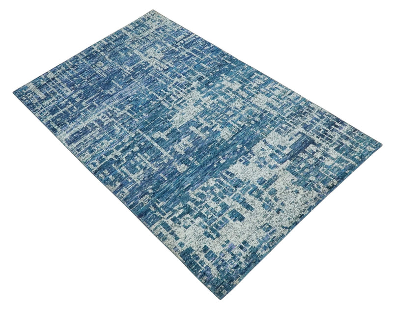Hand Knotted Blue and Ivory Modern Abstract Contemporary Recycled Silk Area Rug - The Rug Decor