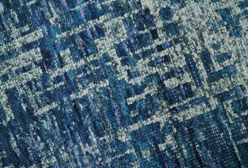 Hand Knotted Blue and Ivory Modern Abstract Contemporary Recycled Silk Area Rug - The Rug Decor