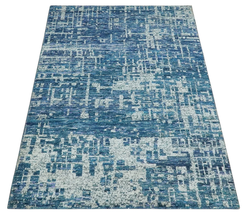 Hand Knotted Blue and Ivory Modern Abstract Contemporary Recycled Silk Area Rug - The Rug Decor