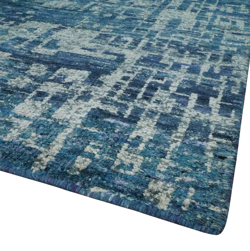 Hand Knotted Blue and Ivory Modern Abstract Contemporary Recycled Silk Area Rug - The Rug Decor