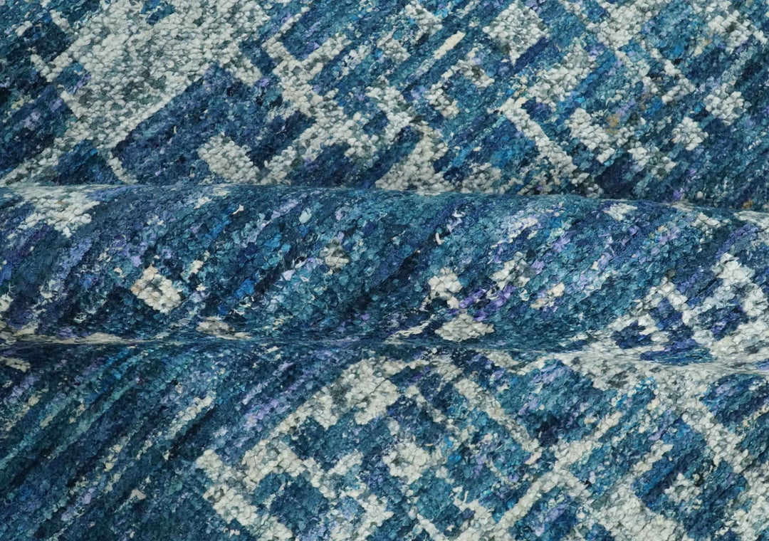 Hand Knotted Blue and Ivory Modern Abstract Contemporary Recycled Silk Area Rug - The Rug Decor