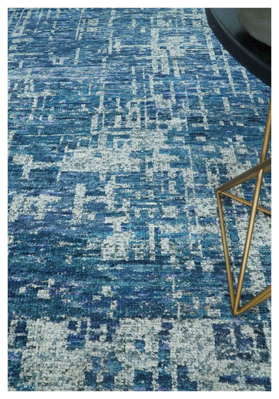 Hand Knotted Blue and Ivory Modern Abstract Contemporary Recycled Silk Area Rug - The Rug Decor