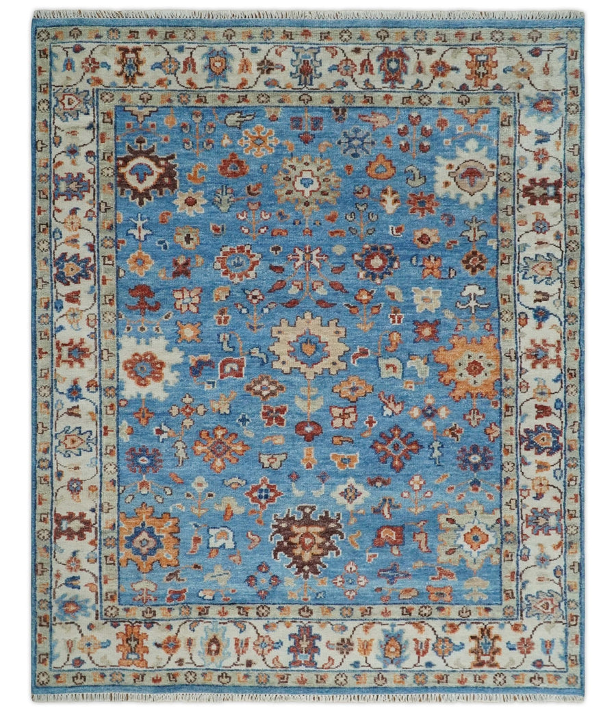 Hand Knotted Blue and Ivory Traditional Persian Turkish Oushak Wool Rug, 6x9, 8x10, 9x12, 10x14 and 12x15 | TRD2741 - The Rug Decor