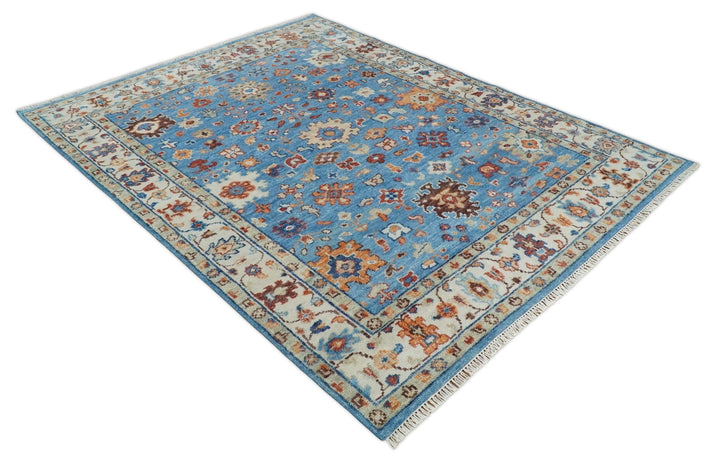 Hand Knotted Blue and Ivory Traditional Persian Turkish Oushak Wool Rug, 6x9, 8x10, 9x12, 10x14 and 12x15 | TRD2741 - The Rug Decor
