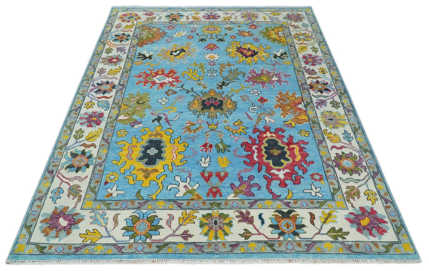Hand Knotted Blue and Ivory Traditional Persian Turkish Oushak Wool Rug, 6x9, 8x10, 9x12, 10x14 and 12x15 | TRDCP1042 - The Rug Decor