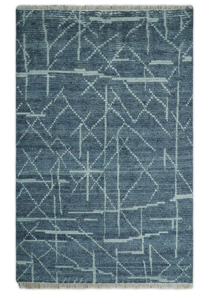 Hand Knotted Blue and Silver Trellis Moroccan Rug Made with Blended Wool 5x8, 8x10 and 9x12 | UL16 - The Rug Decor