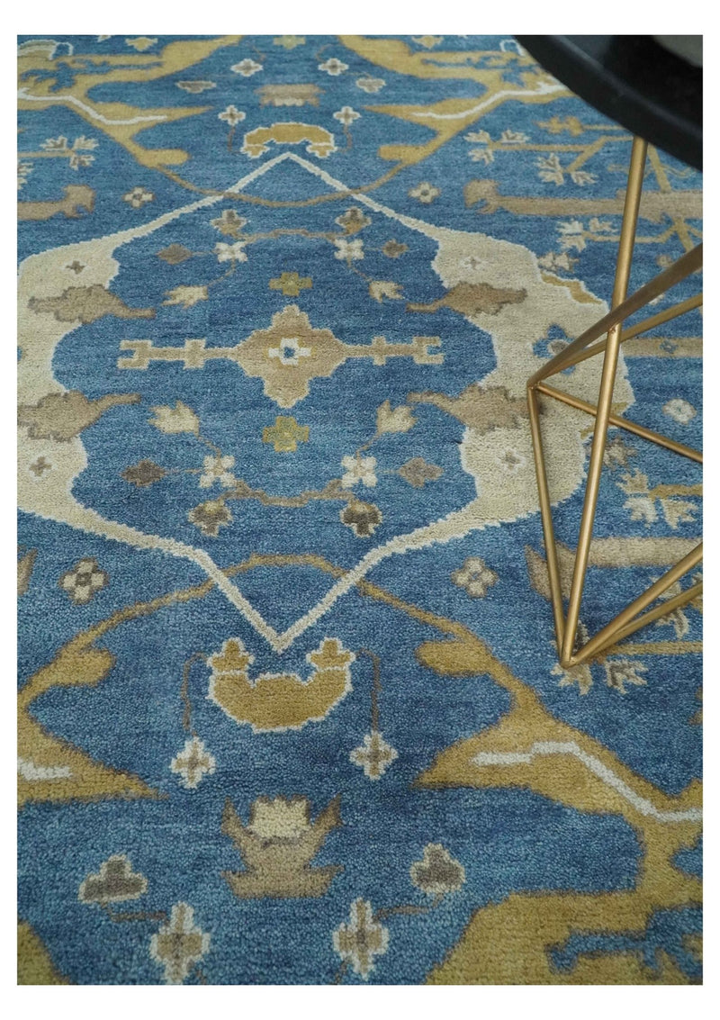 Hand Knotted Blue, Beige and Olive Oriental Oushak 8x10 Wool Area Rug - The Rug Decor