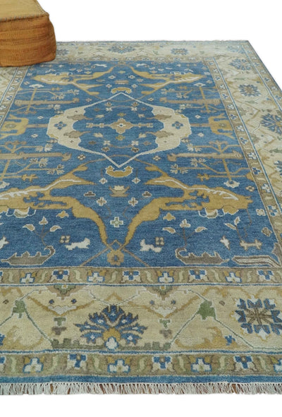 Hand Knotted Blue, Beige and Olive Oriental Oushak 8x10 Wool Area Rug - The Rug Decor