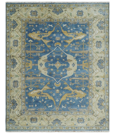 Hand Knotted Blue, Beige and Olive Oriental Oushak 8x10 Wool Area Rug - The Rug Decor