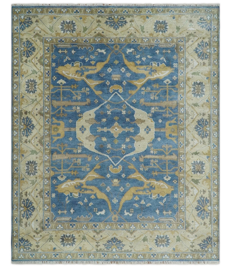 Hand Knotted Blue, Beige and Olive Oriental Oushak 8x10 Wool Area Rug - The Rug Decor