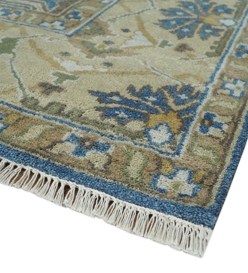 Hand Knotted Blue, Beige and Olive Oriental Oushak 8x10 Wool Area Rug - The Rug Decor