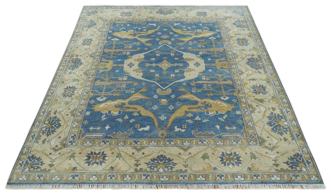 Hand Knotted Blue, Beige and Olive Oriental Oushak 8x10 Wool Area Rug - The Rug Decor