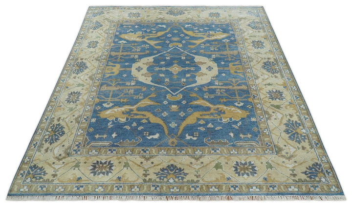 Hand Knotted Blue, Beige and Olive Oriental Oushak 8x10 Wool Area Rug - The Rug Decor