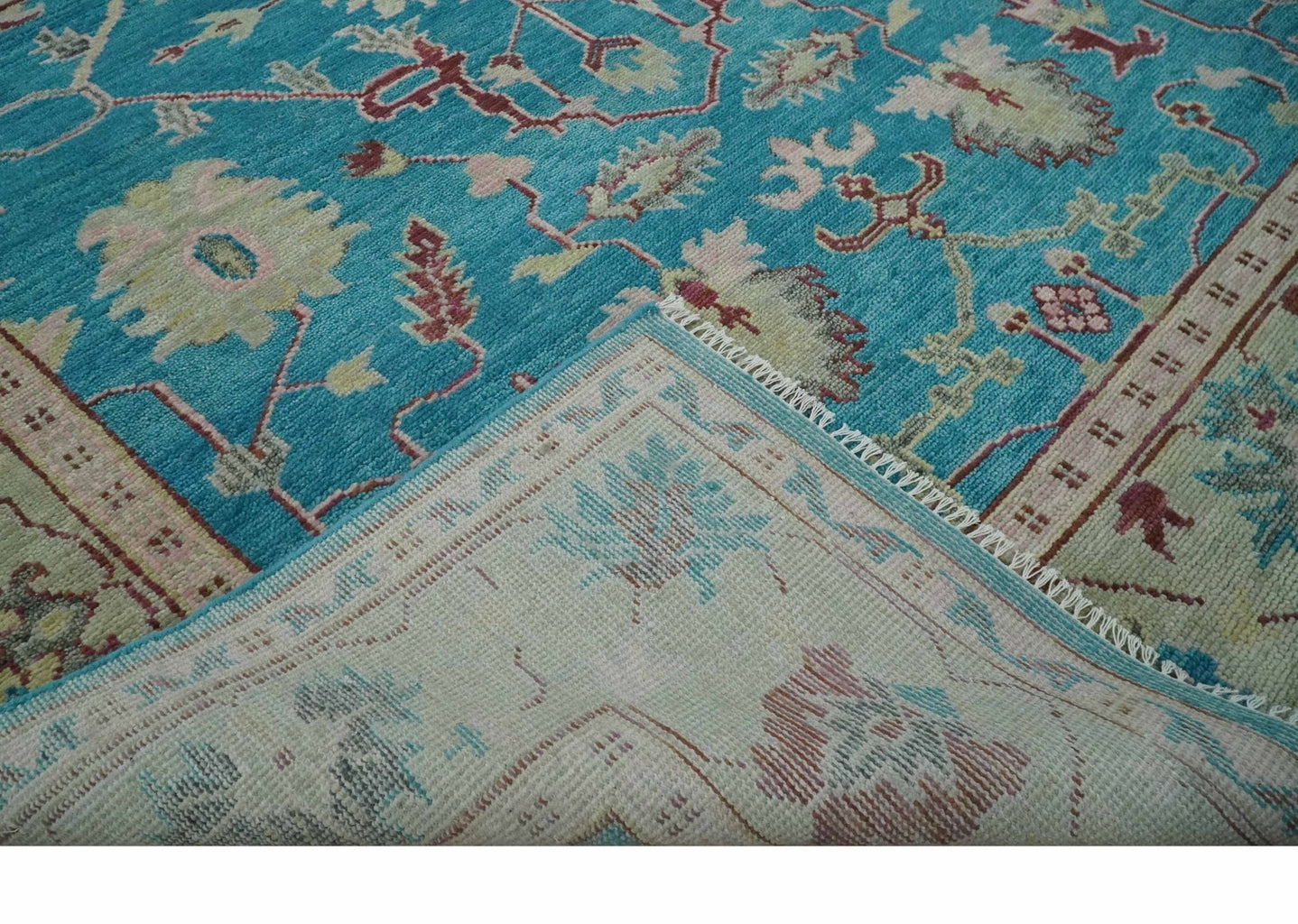 Hand Knotted Blue, Ivory and Maroon Oriental Oushak 9x12 Traditional Wool Area Rug - The Rug Decor