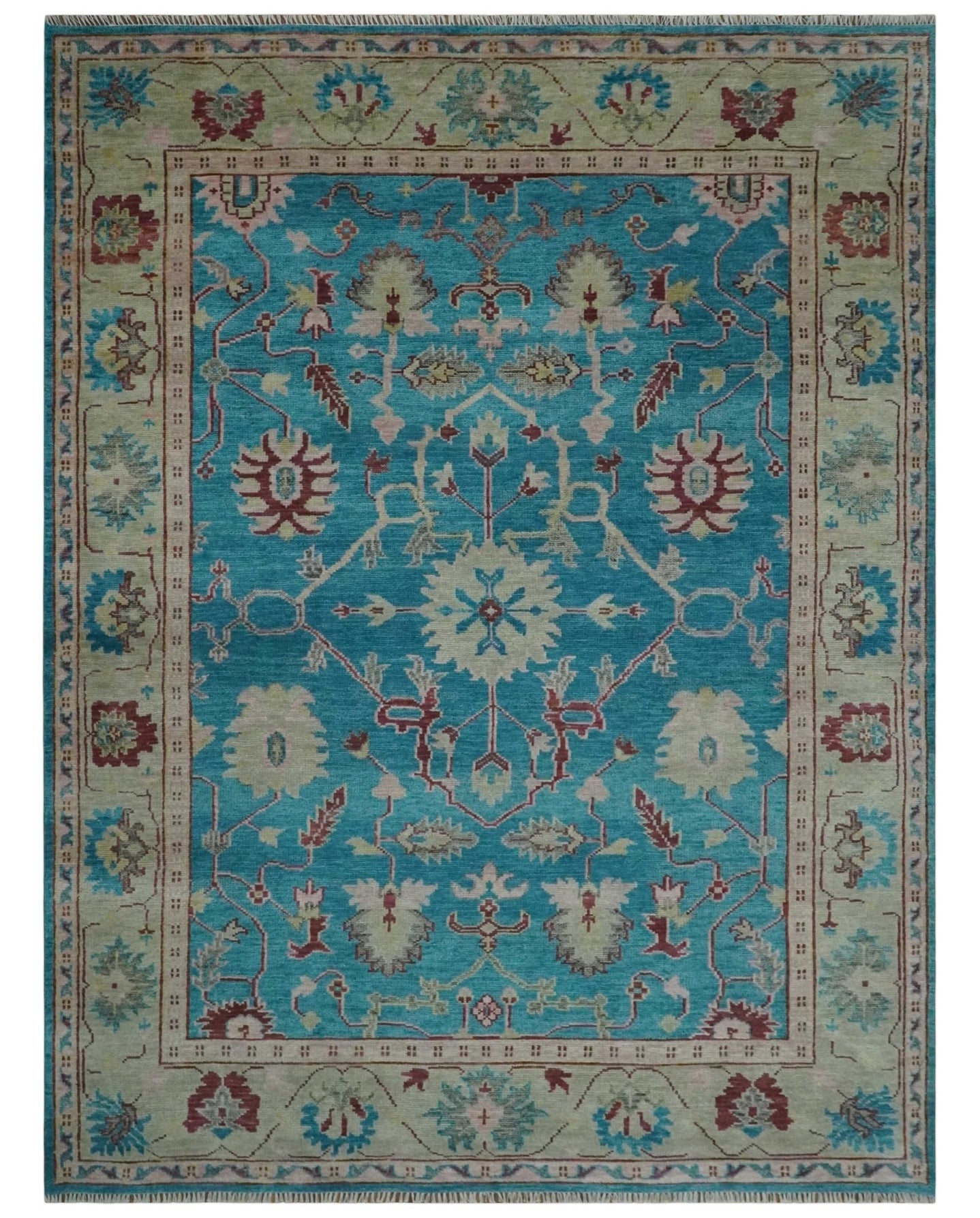Hand Knotted Blue, Ivory and Maroon Oriental Oushak 9x12 Traditional Wool Area Rug - The Rug Decor
