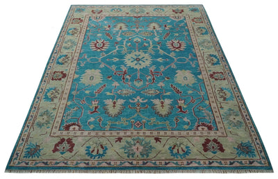 Hand Knotted Blue, Ivory and Maroon Oriental Oushak 9x12 Traditional Wool Area Rug - The Rug Decor