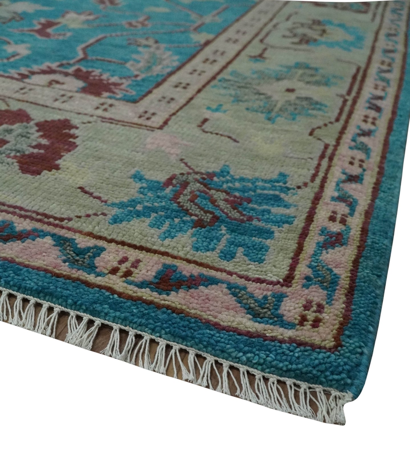Hand Knotted Blue, Ivory and Maroon Oriental Oushak 9x12 Traditional Wool Area Rug - The Rug Decor