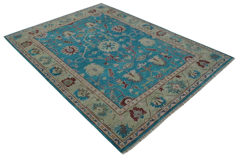 Hand Knotted Blue, Ivory and Maroon Oriental Oushak 9x12 Traditional Wool Area Rug - The Rug Decor