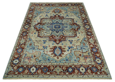 Hand Knotted Blue, Ivory and Rust Antique Persian Heriz Serapi Wool Rug, 5x8, 6x9, 8x10 and 9x12 Living Room Rug | TRD2559 - The Rug Decor
