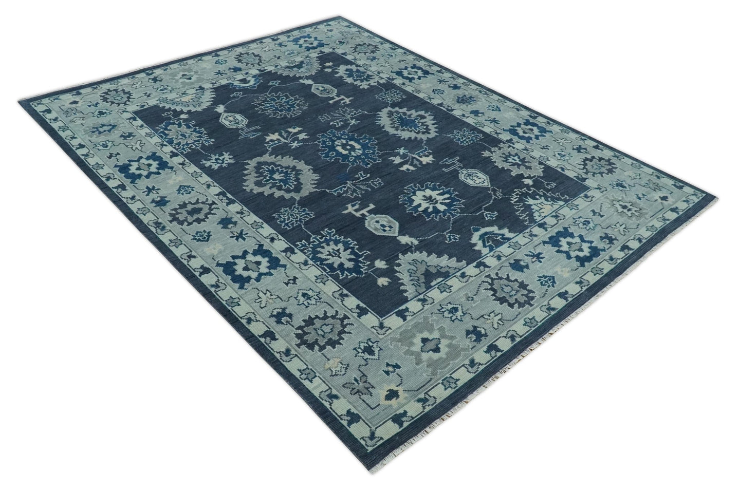 Hand Knotted Blue, Silver and Ivory Traditional Oushak Vintage Style Wool Rug - The Rug Decor