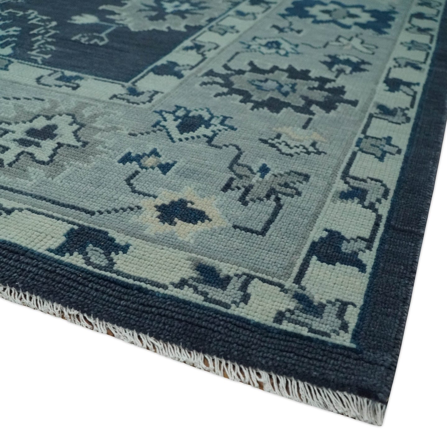 Hand Knotted Blue, Silver and Ivory Traditional Oushak Vintage Style Wool Rug - The Rug Decor