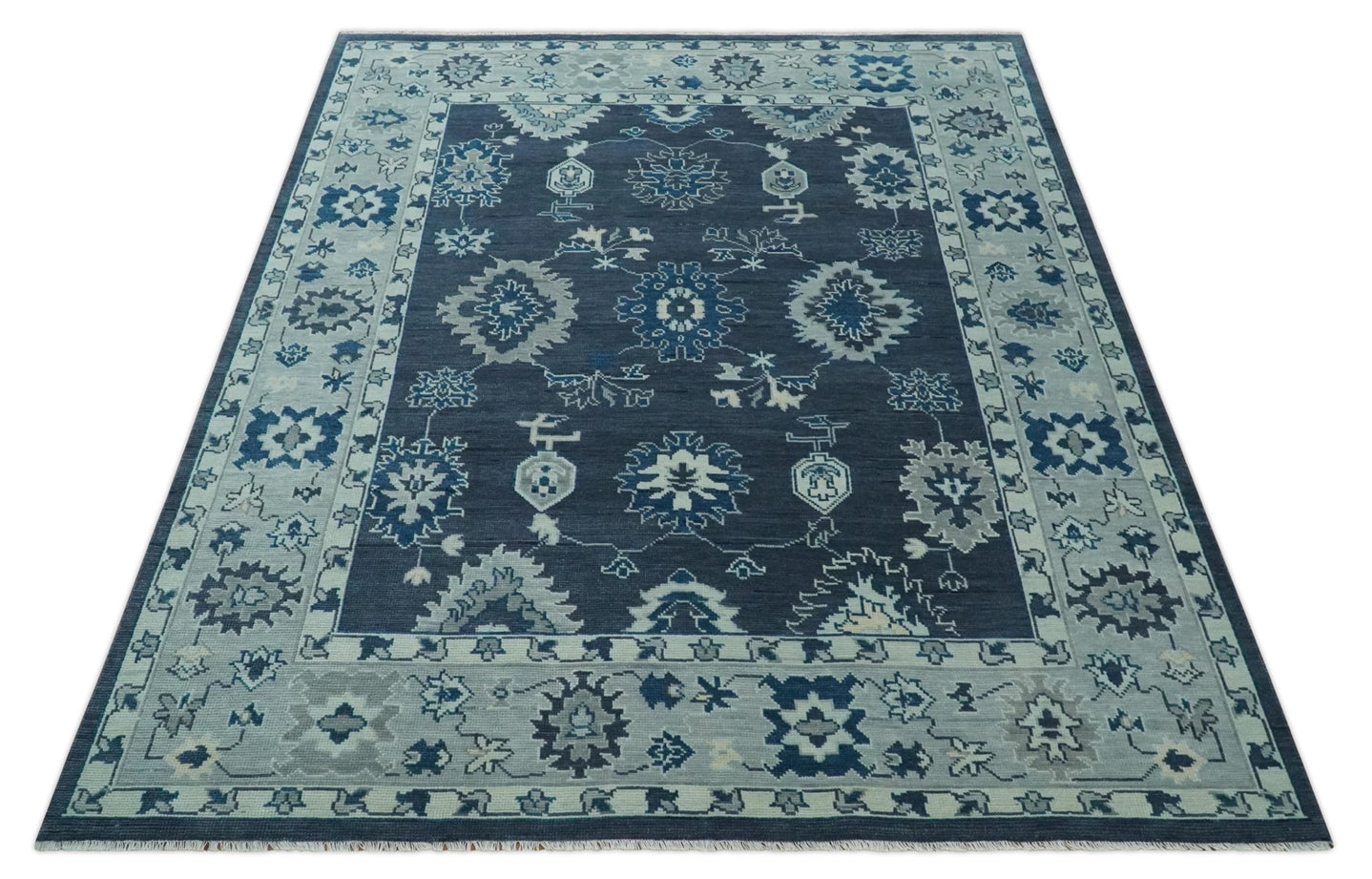 Hand Knotted Blue, Silver and Ivory Traditional Oushak Vintage Style Wool Rug - The Rug Decor