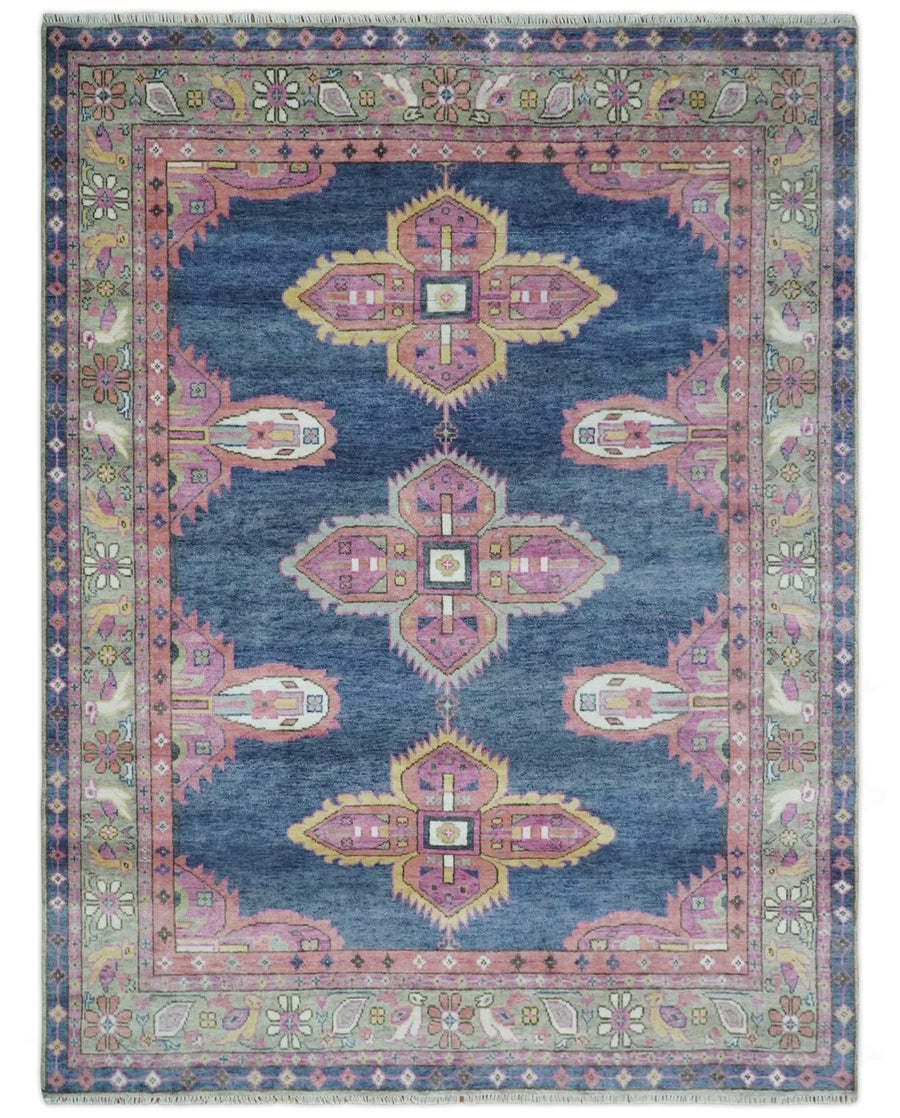 Hand Knotted Blue, Silver and Pink Traditional Heriz Serapi Wool Rug, Living Room and Bedroom Rug - The Rug Decor