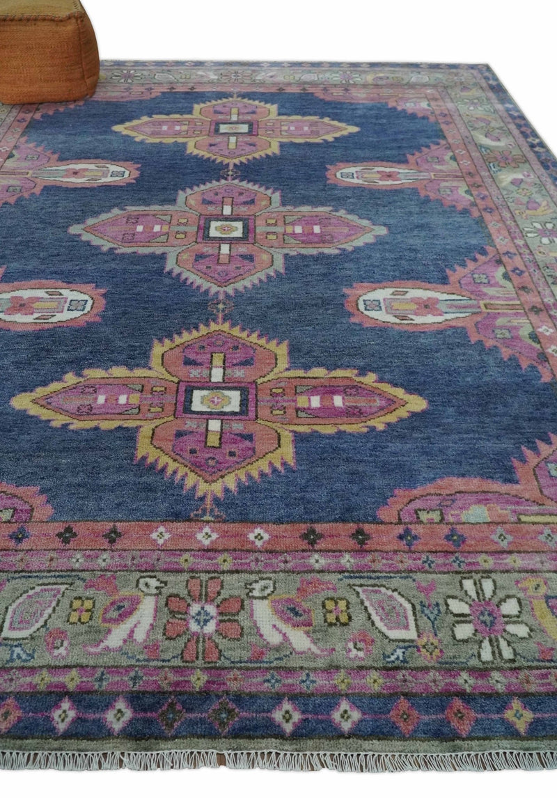 Hand Knotted Blue, Silver and Pink Traditional Heriz Serapi Wool Rug, Living Room and Bedroom Rug - The Rug Decor