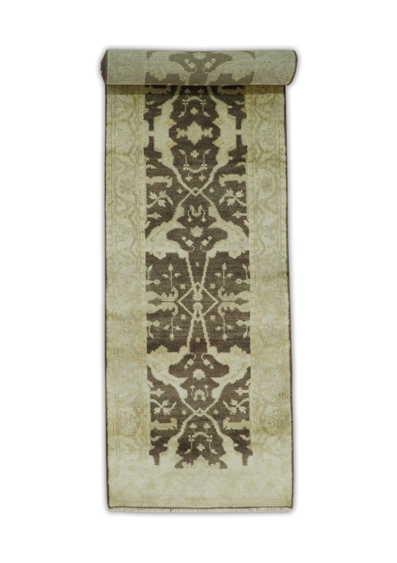 Hand Knotted Brown and Beige Antique Oushak Wool Runner Rug - The Rug Decor