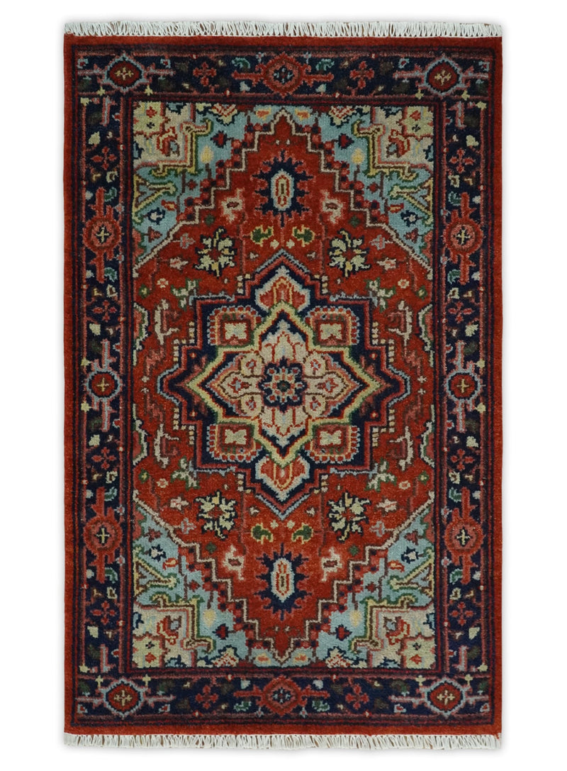 Hand knotted Brown, Aqua and Blue Traditional Heriz Serapi wool area rug - The Rug Decor