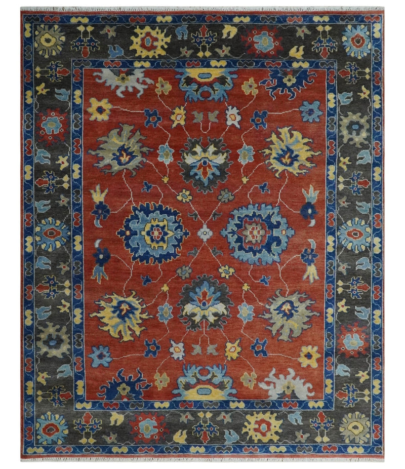 Hand Knotted Brown, Blue and Charcoal colorful Traditional Oushak Wool Area Rug - The Rug Decor