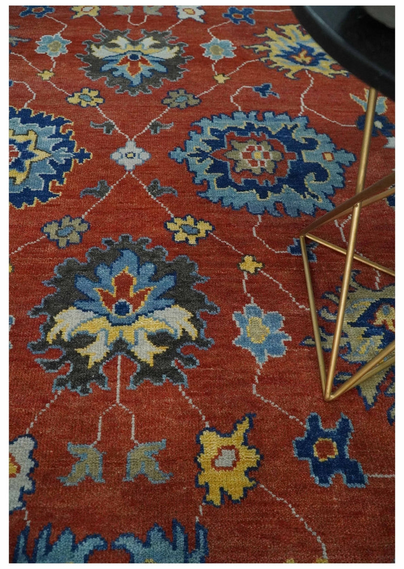 Hand Knotted Brown, Blue and Charcoal colorful Traditional Oushak Wool Area Rug - The Rug Decor