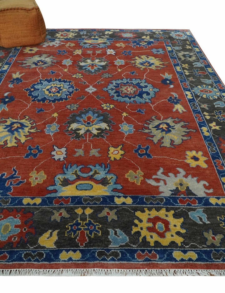 Hand Knotted Brown, Blue and Charcoal colorful Traditional Oushak Wool Area Rug - The Rug Decor